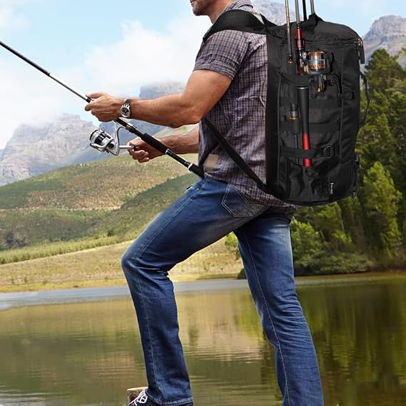 Mochila de pesca com suporte para varas e compartimentos para acessórios